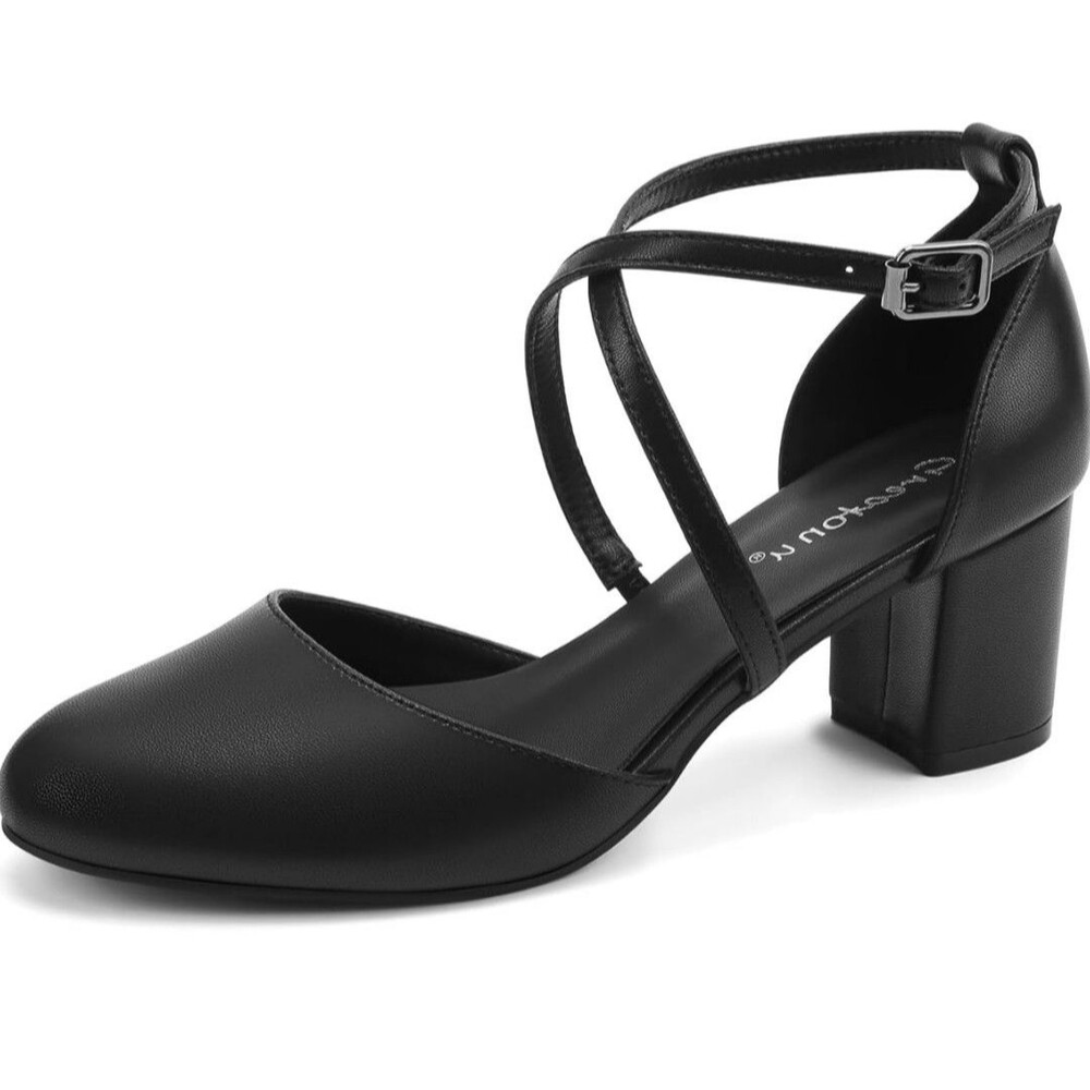 Greatonu Women's Low Block Heeled Dress Pumps Closed Round Toe Cross Strap...